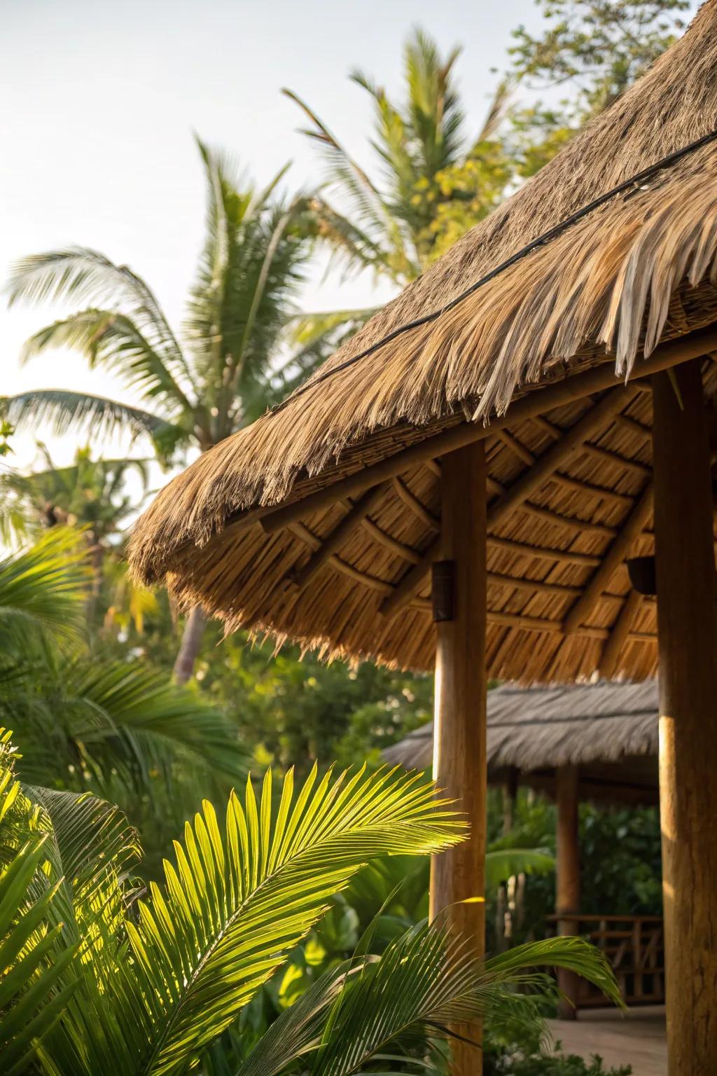Craft your own tropical escape with a beautifully thatched pergola roof.