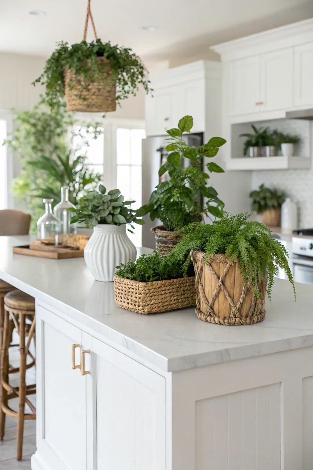 Refreshing greenery that adds life to a white kitchen island.