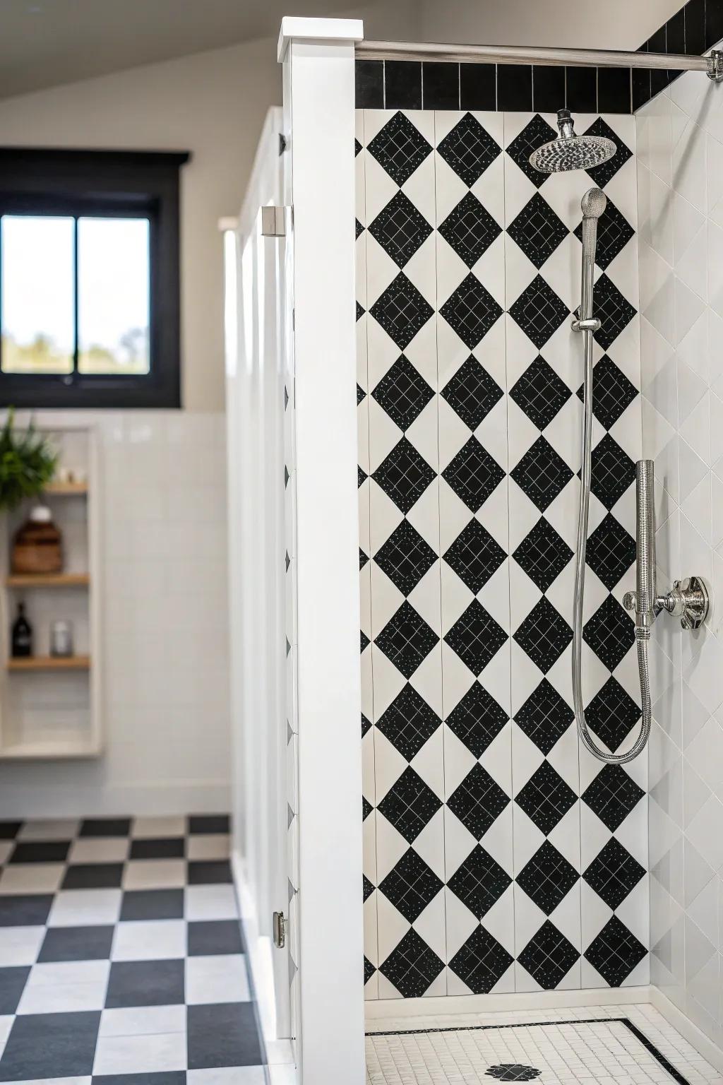 Checkerboard patterns add a bold, playful touch to the white shower.