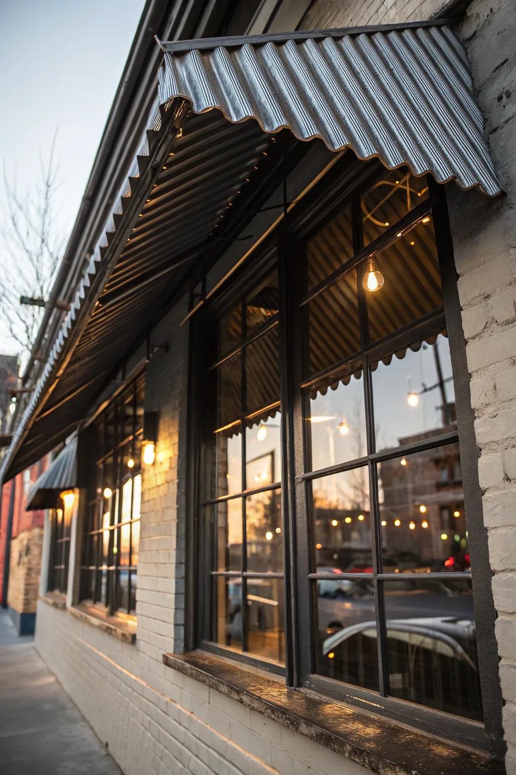 A corrugated metal awning adds an industrial touch to a window.