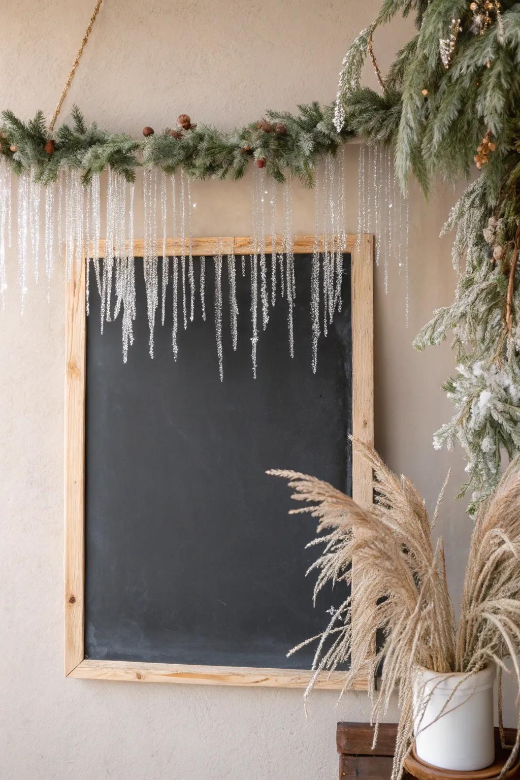 Embrace the chill with a frosty icicle border on your winter chalkboard, perfect for a cozy Scandinavian touch.