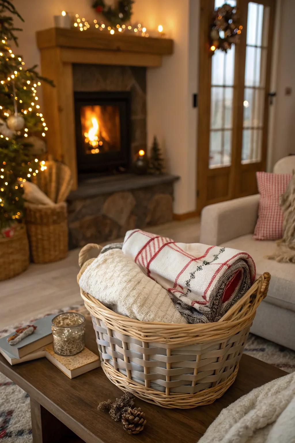 Keep guests cozy with a basket of warm blankets.