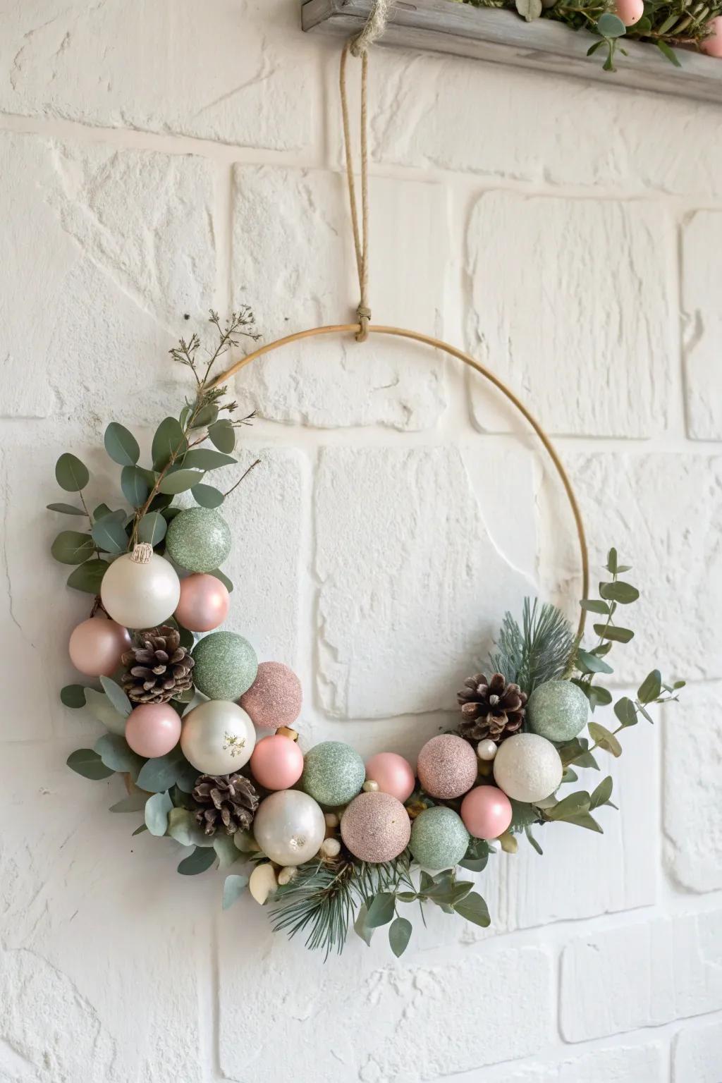 Transform your leftover holiday ornaments into a stunning minimalist wreath that adds a touch of festive elegance to your home.