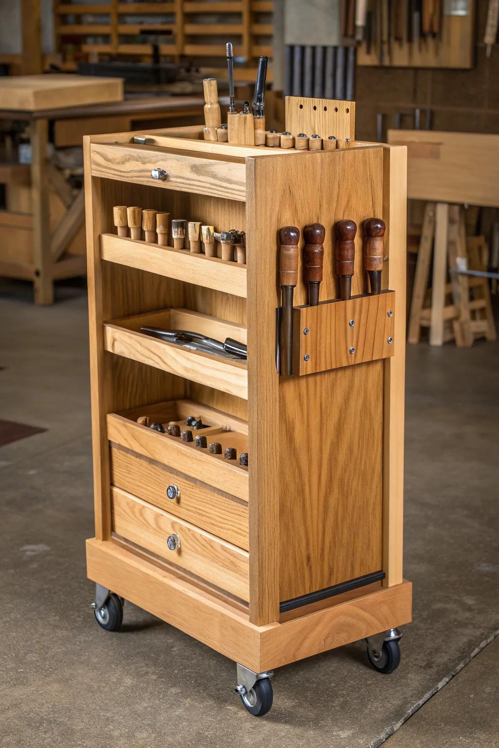 Elevate your workspace with the perfect blend of craftsmanship and convenience: a handcrafted rolling cart for your wood carving tools.