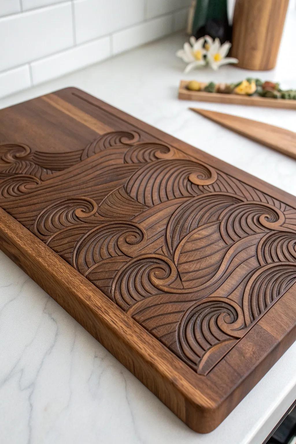 Ride the waves of elegance with this meticulously crafted charcuterie board, where nature meets craftsmanship.