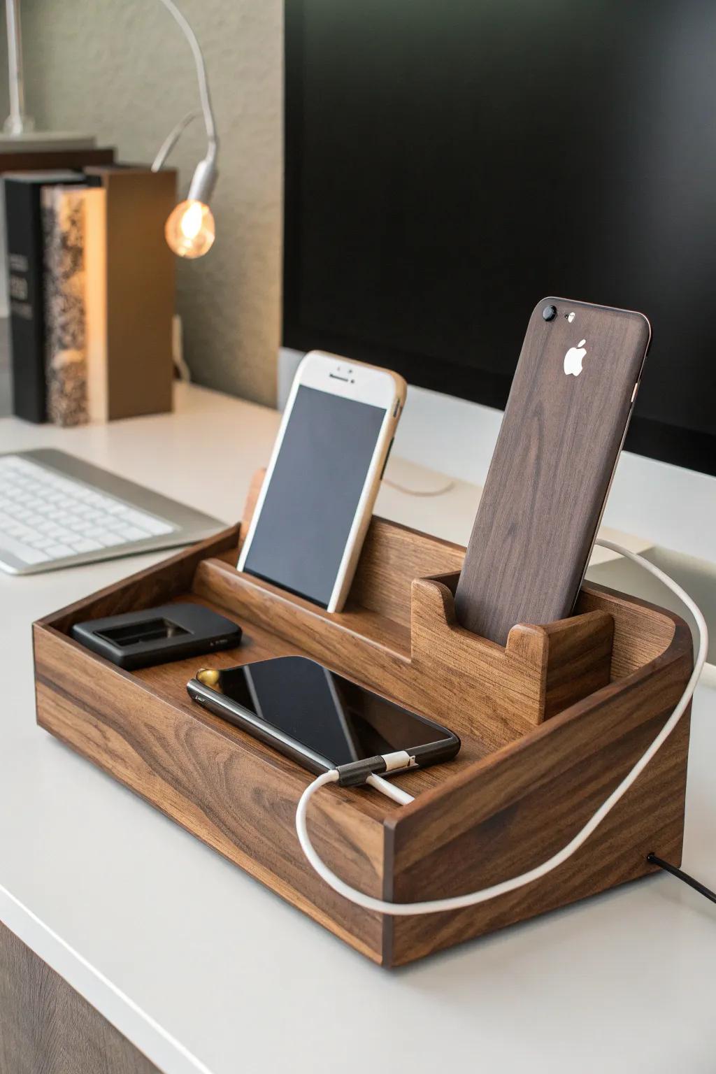 Elevate your workspace with this sleek, handcrafted wooden charging station.