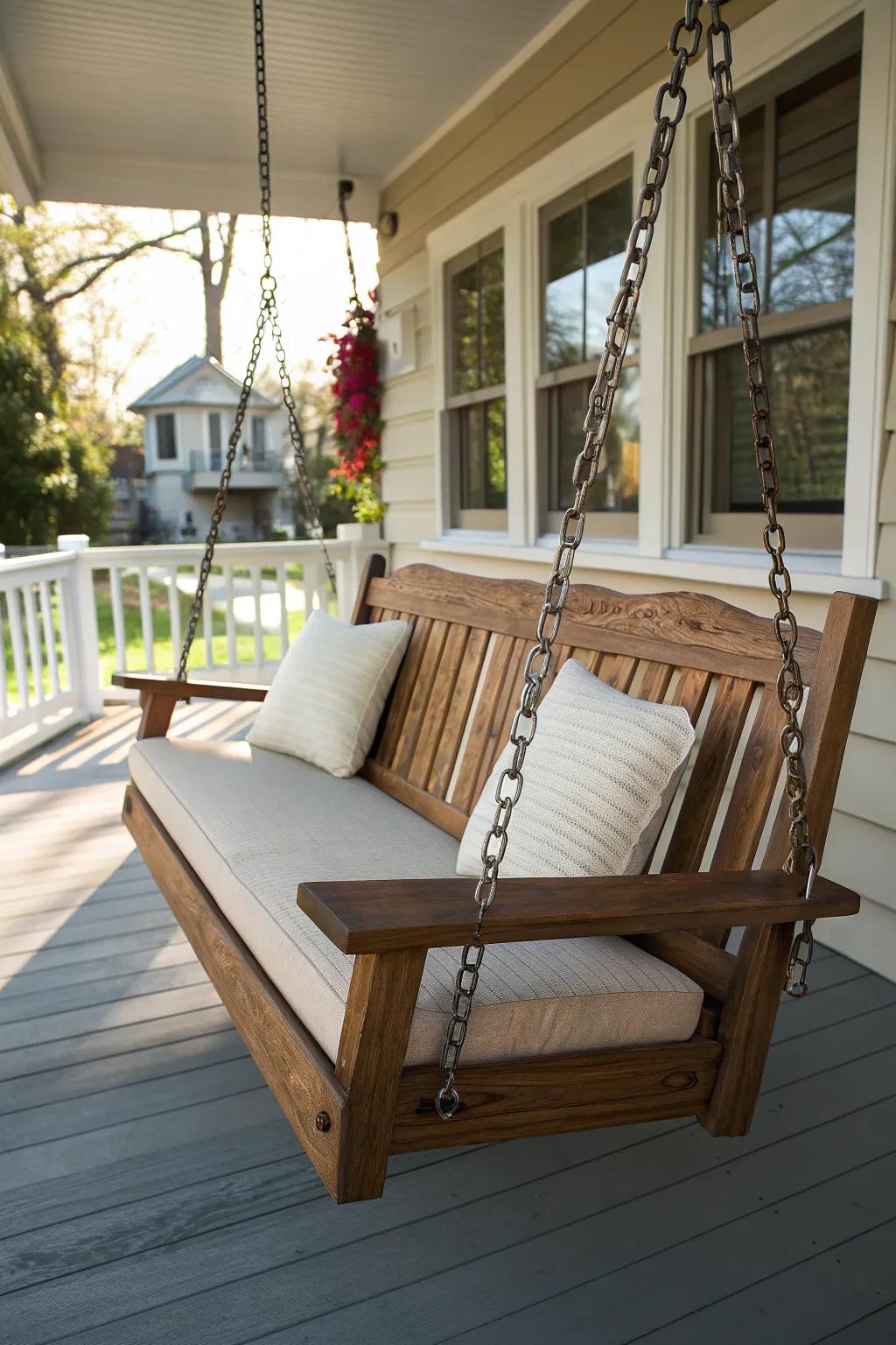 Relax in timeless elegance with this handcrafted oak porch swing.
