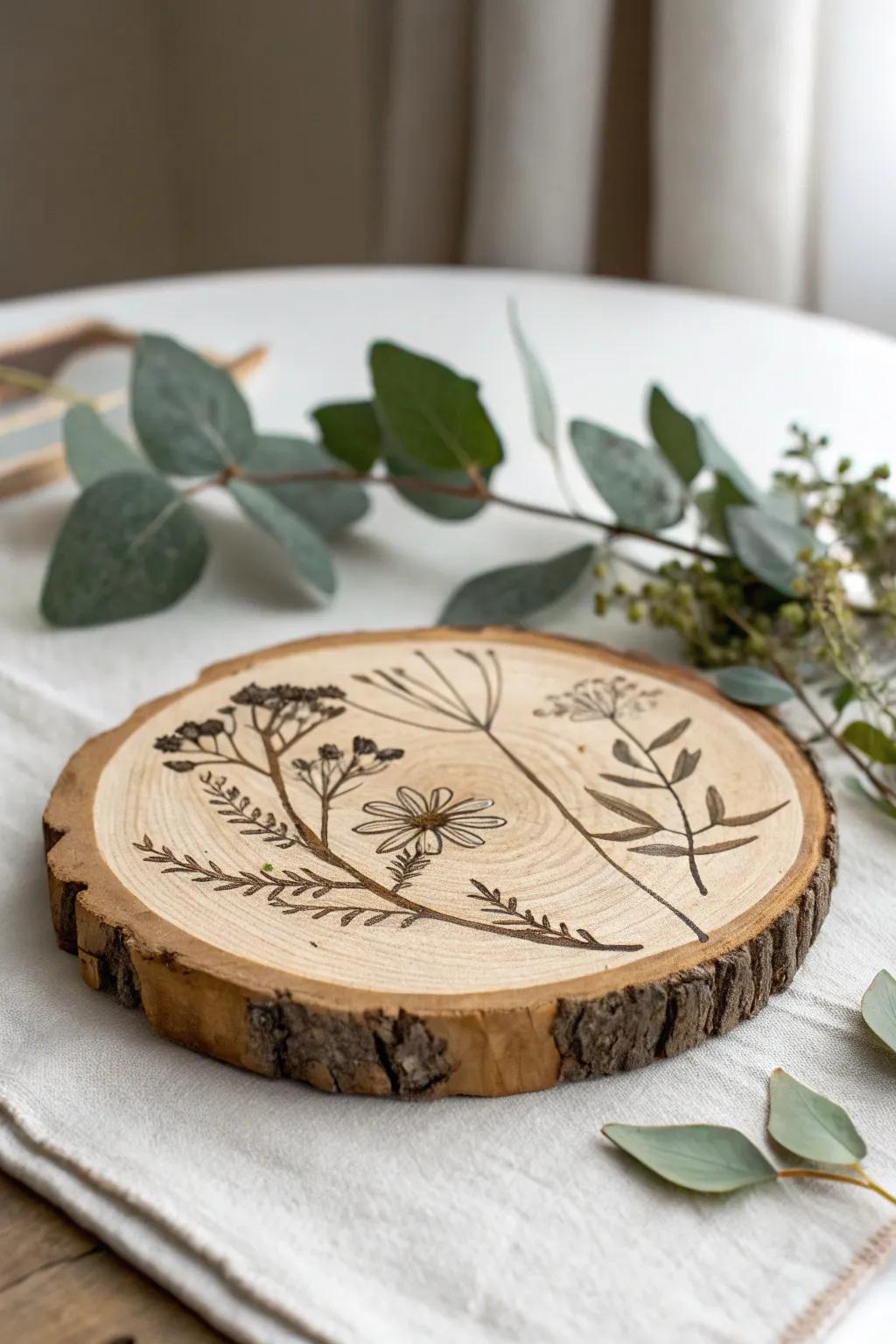 Bring the outdoors in with these stunning botanical-inspired wood slice coasters, perfect for adding a touch of nature to your home decor.
