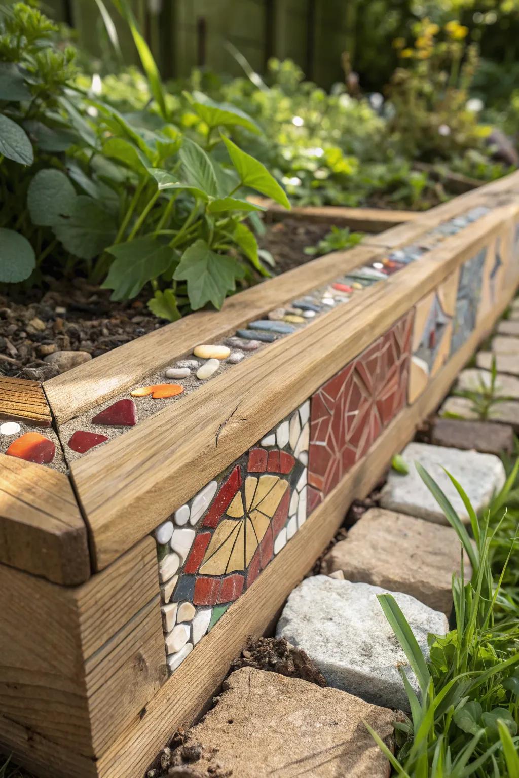 Transform your garden with a touch of artistry: mosaic-infused wood edging for a stunning outdoor aesthetic.