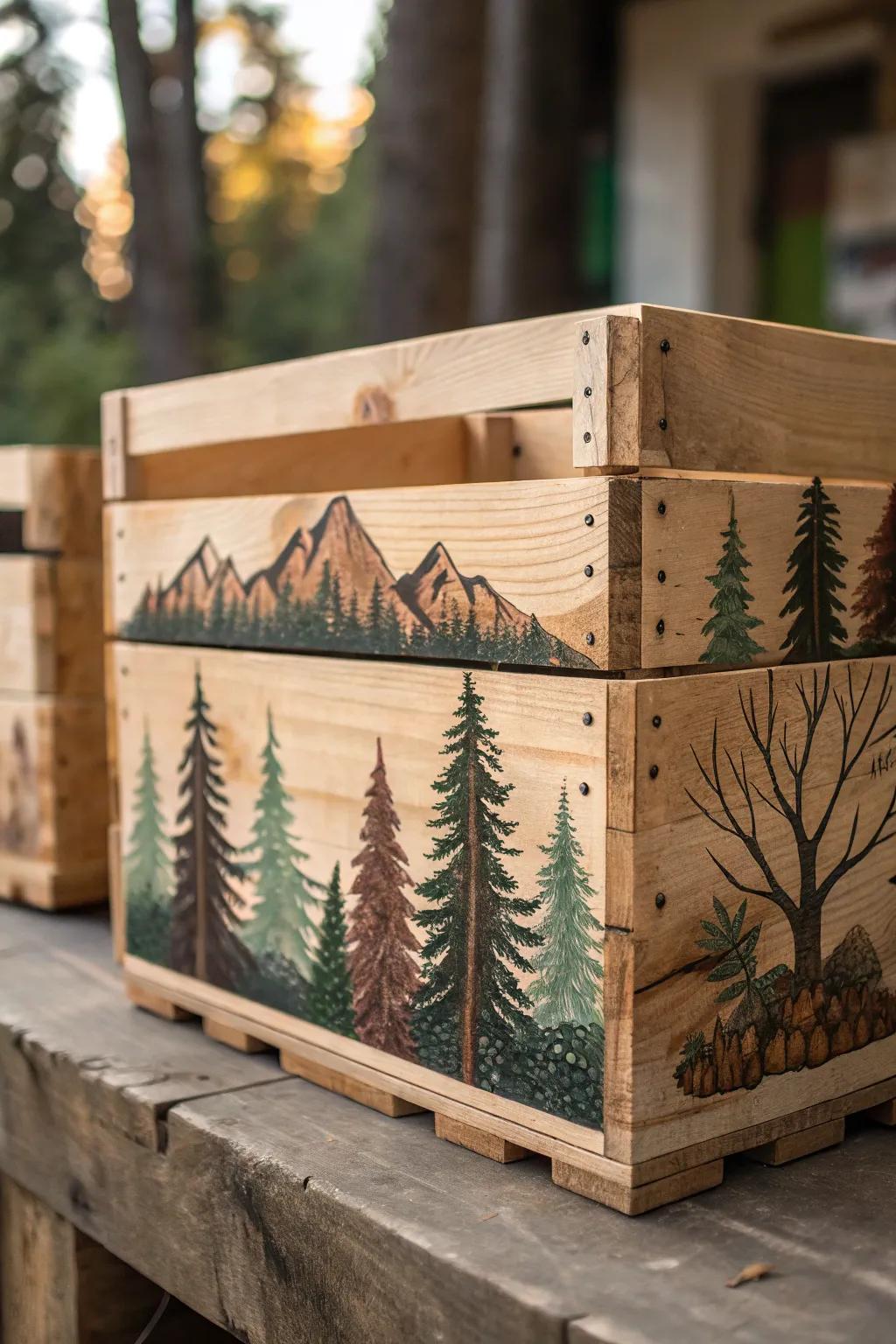 Embrace the tranquility of the forest with this expertly crafted wooden crate, a perfect blend of art and nature.