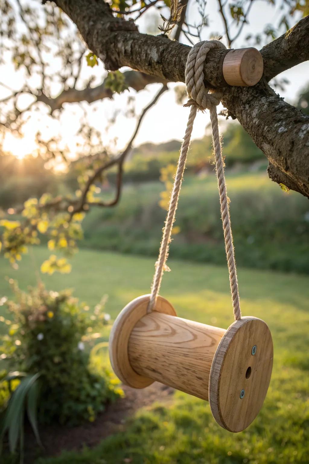Revisit childhood joy with this charming wooden spool swing, blending nostalgia with Scandinavian elegance.