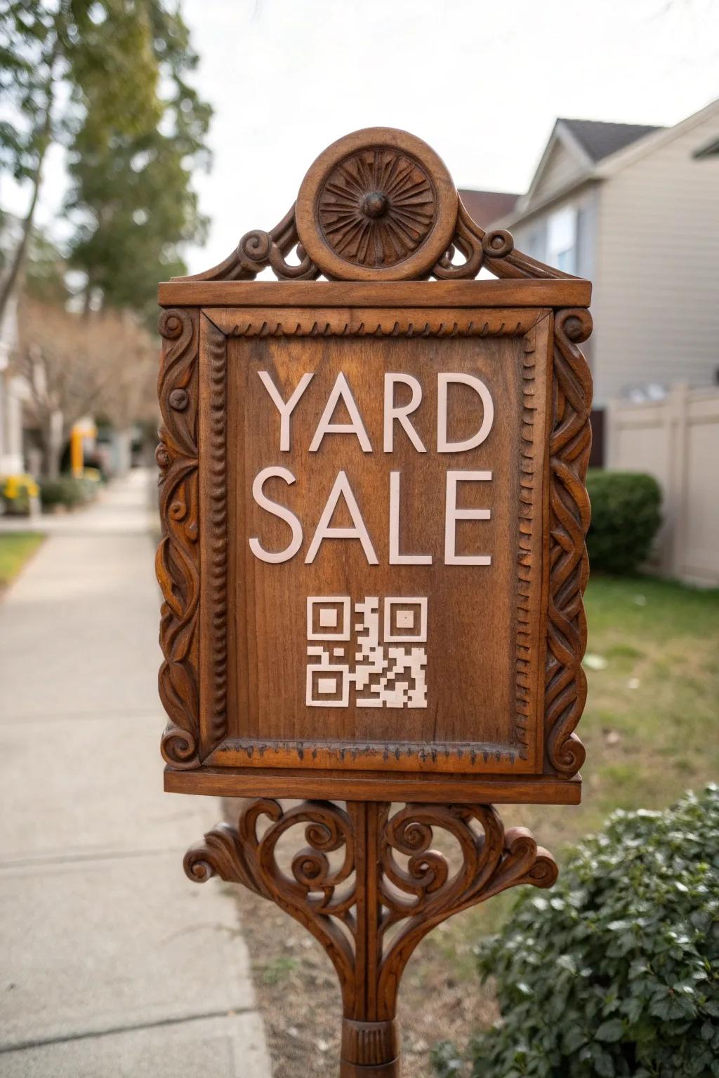 Blend of Tradition and Tech: Elevate your yard sale game with a QR code on a beautifully crafted wooden sign!