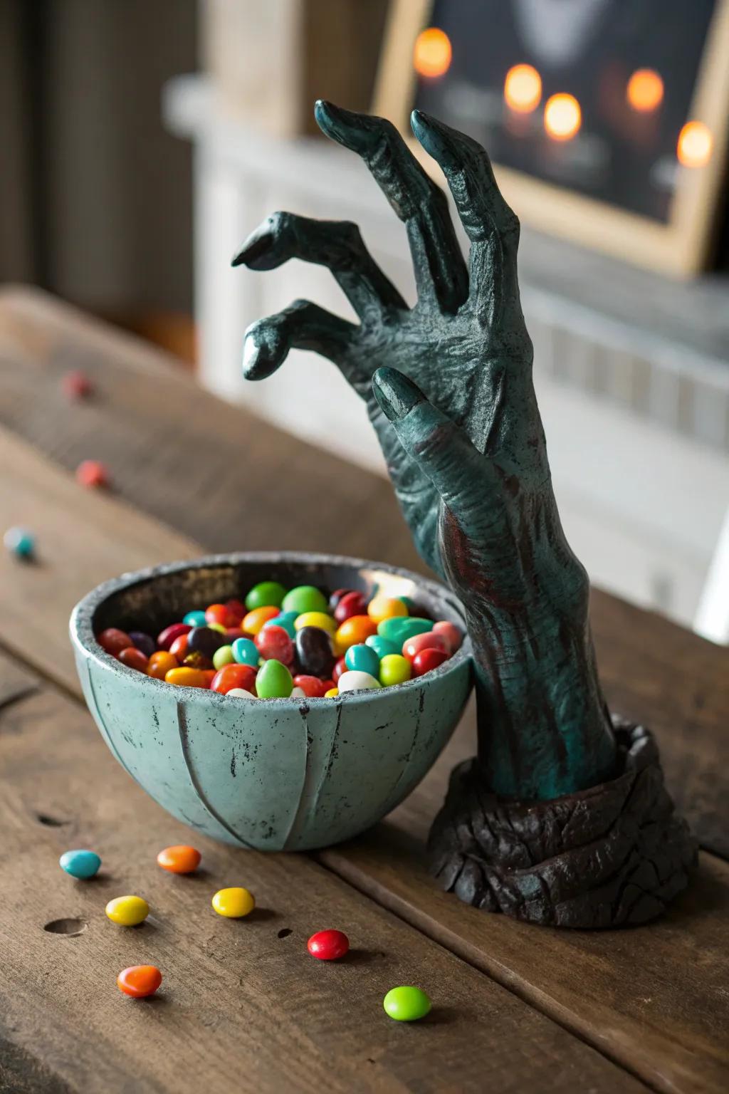 Elevate your Halloween decor with this handcrafted zombie hand candy bowl, a perfect blend of spooky and artisanal craftsmanship.