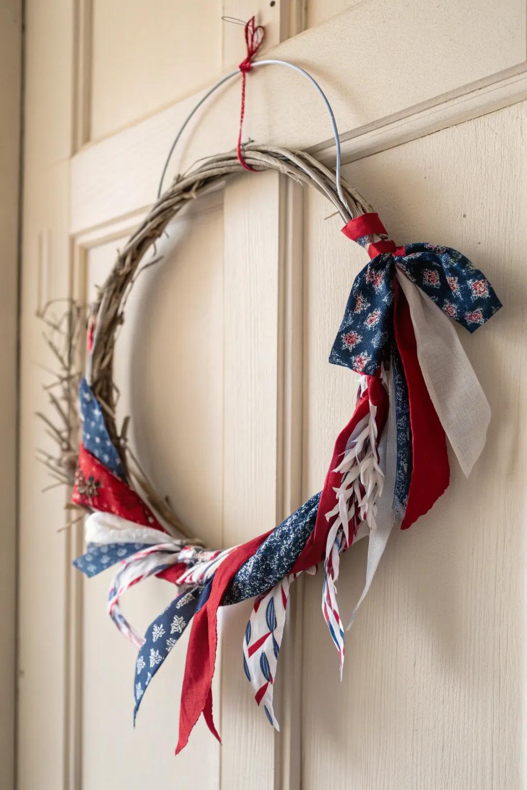 Celebrate Independence Day with a touch of minimalist elegance! This DIY fabric strip wreath embodies the perfect blend of Scandinavian simplicity and Boho charm. 🌿🇺🇸