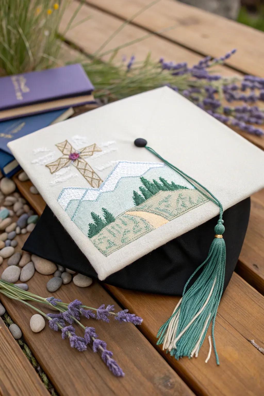 Celebrate your journey with a touch of handcrafted elegance. 🌿 #GraduationCapInspiration #CrossStitchArt