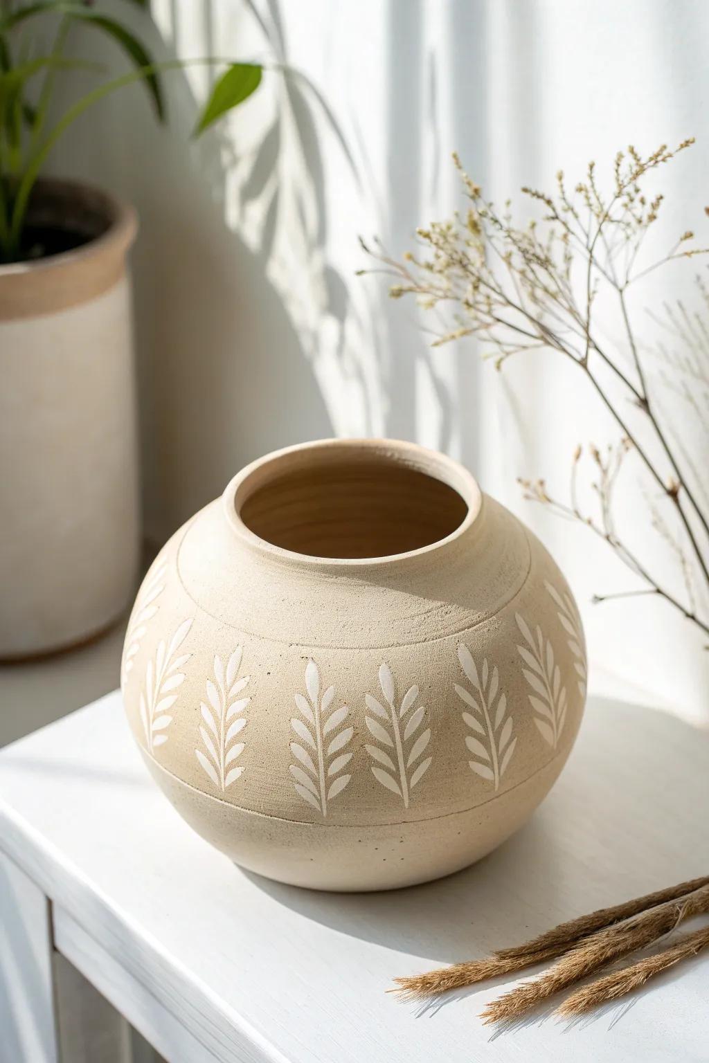 Embrace simplicity and elegance with a minimalist clay pot that brings serenity to your space.