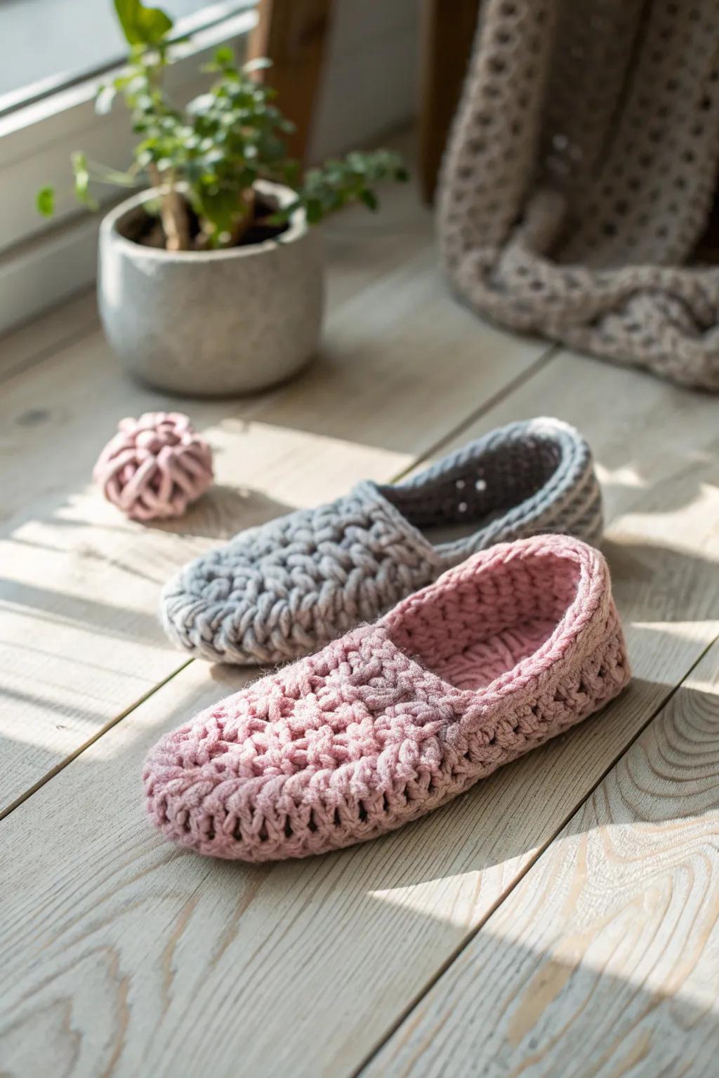 Crafted with love: Matching crochet slippers for cozy nights in.