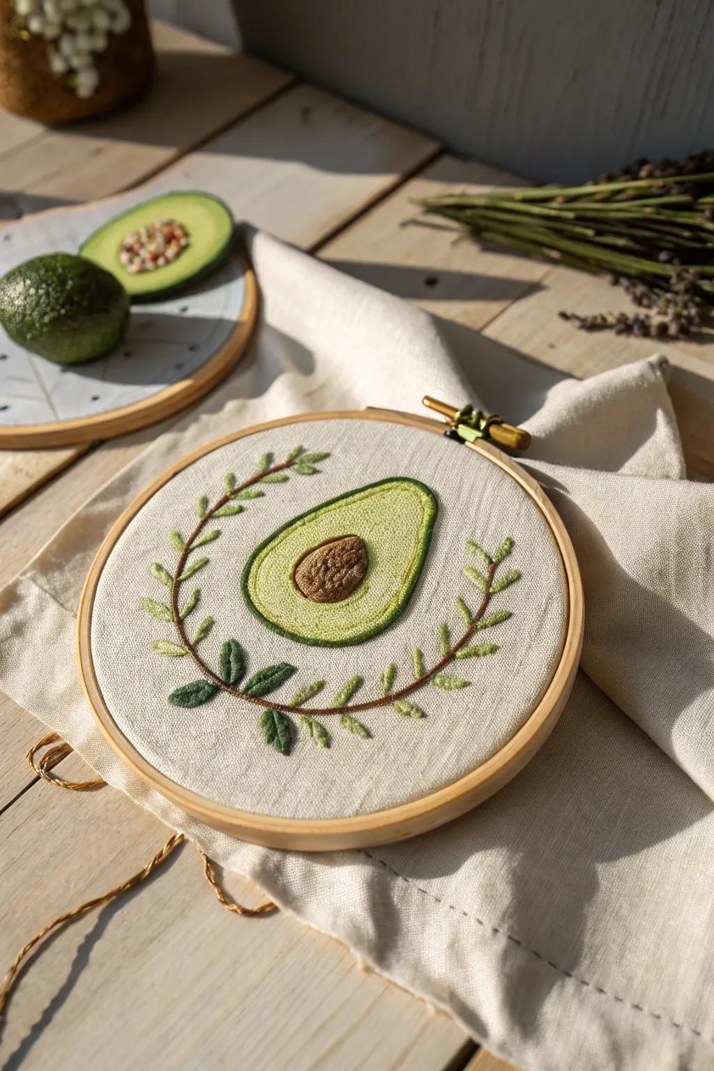 Embrace the charm of handcrafted elegance with this delightful avocado embroidery hoop.