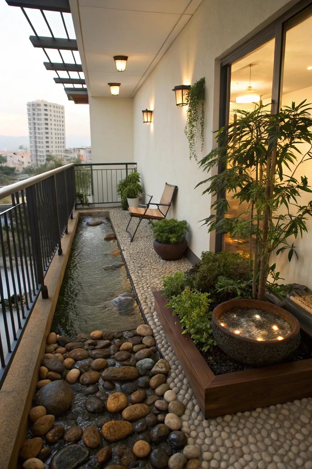 Pebble flooring brings a spa-like tranquility to balcony settings.