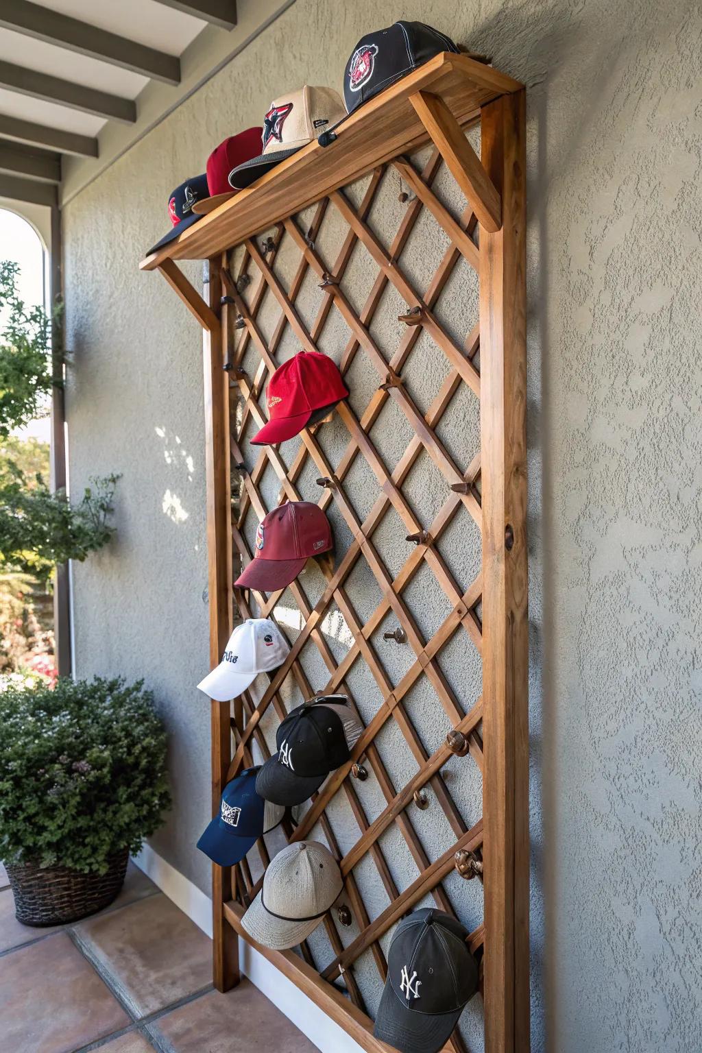 Bring the outdoors in with a unique baseball hat display on a garden trellis, marrying craftsmanship with whimsy.