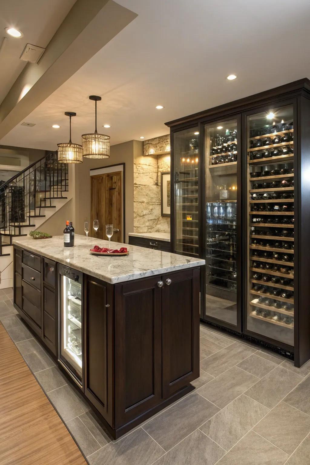 A wine cellar adds luxury and functionality to your basement island.