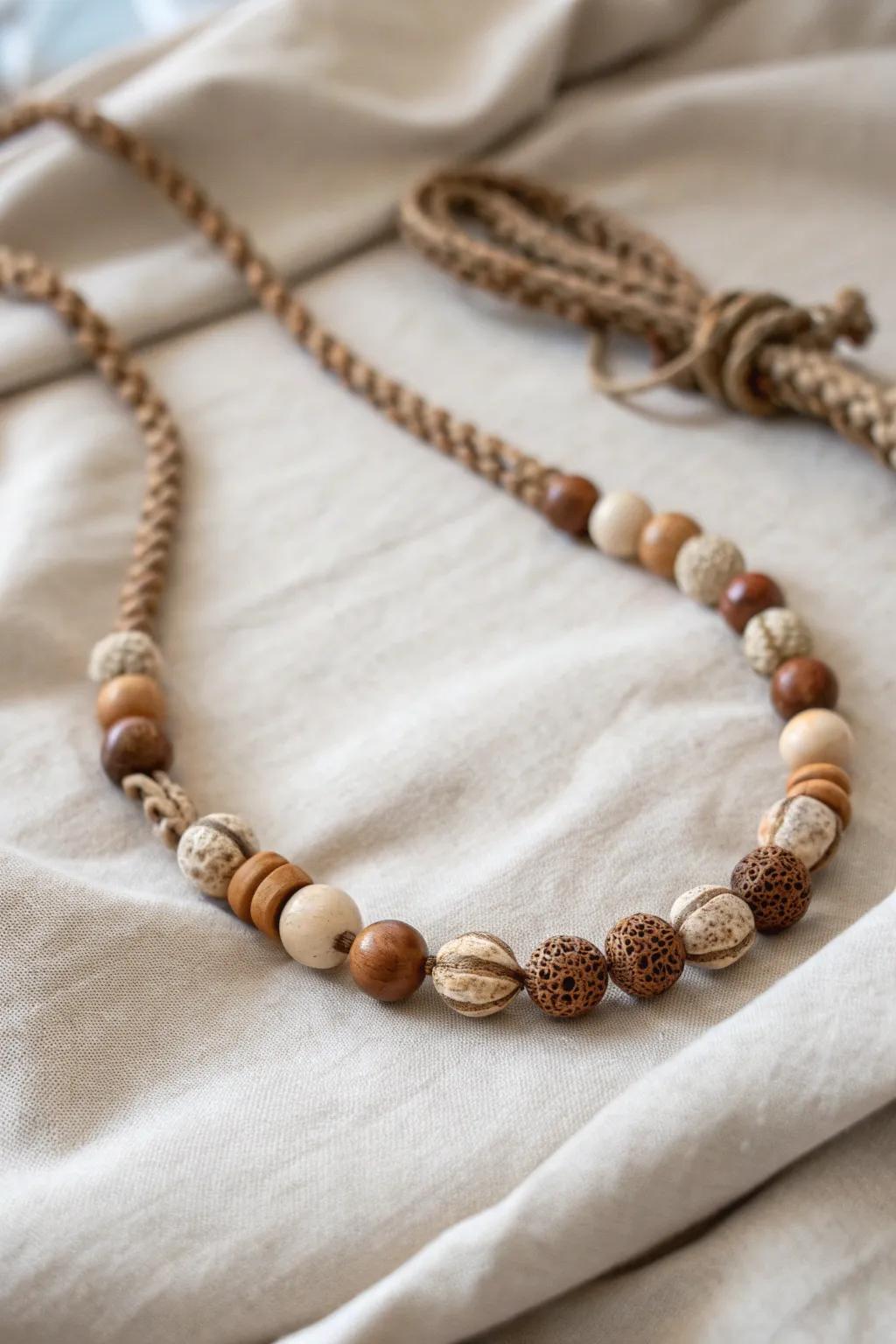 Embrace natural elegance with this textured bead necklace on a braided cord, where simplicity meets craftsmanship.