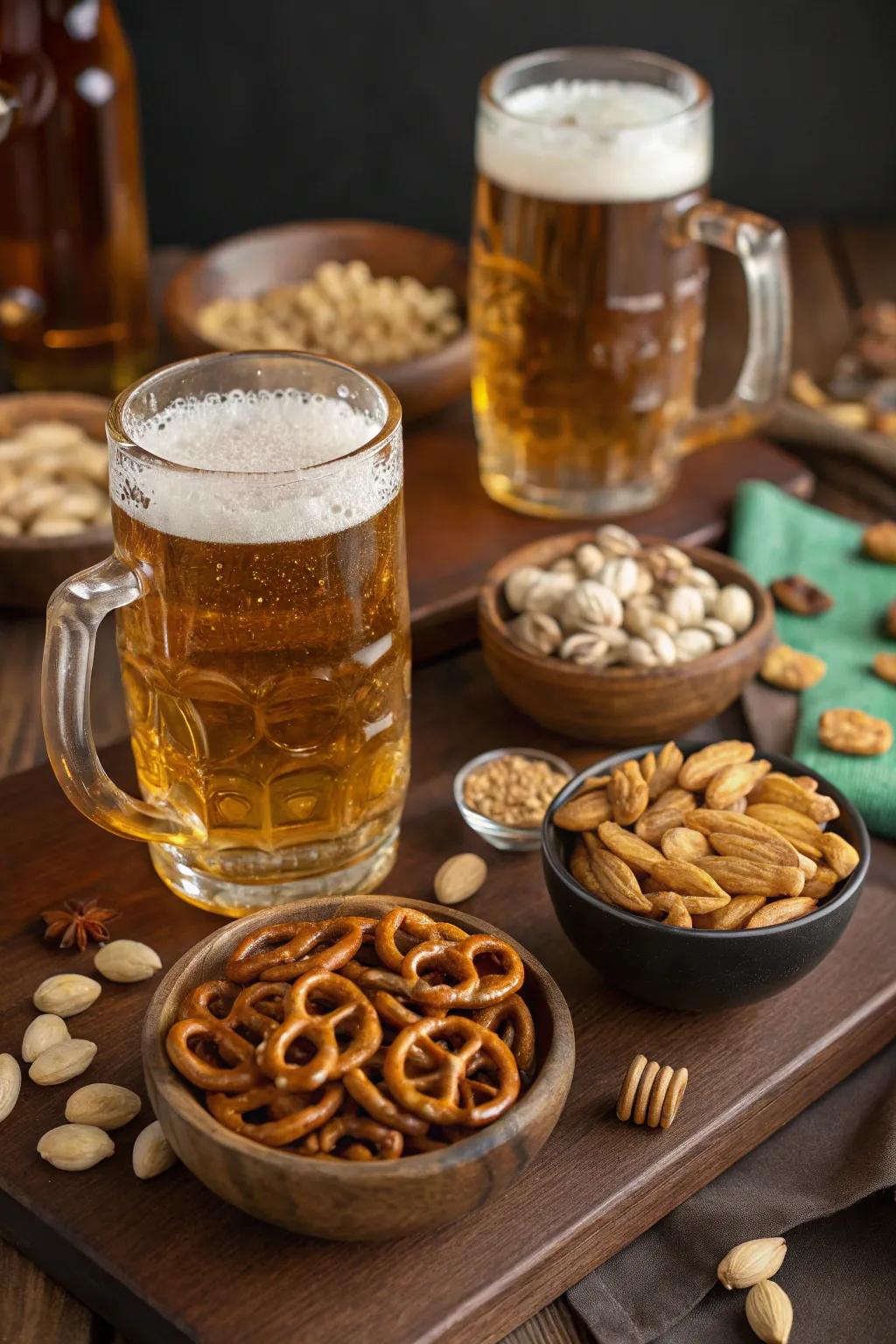 Beer steins double as playful snack holders.