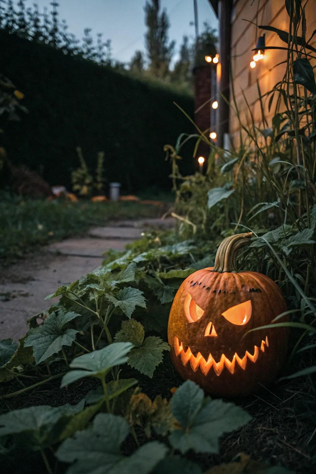A pumpkin with an unsettling stare and thin smirk.