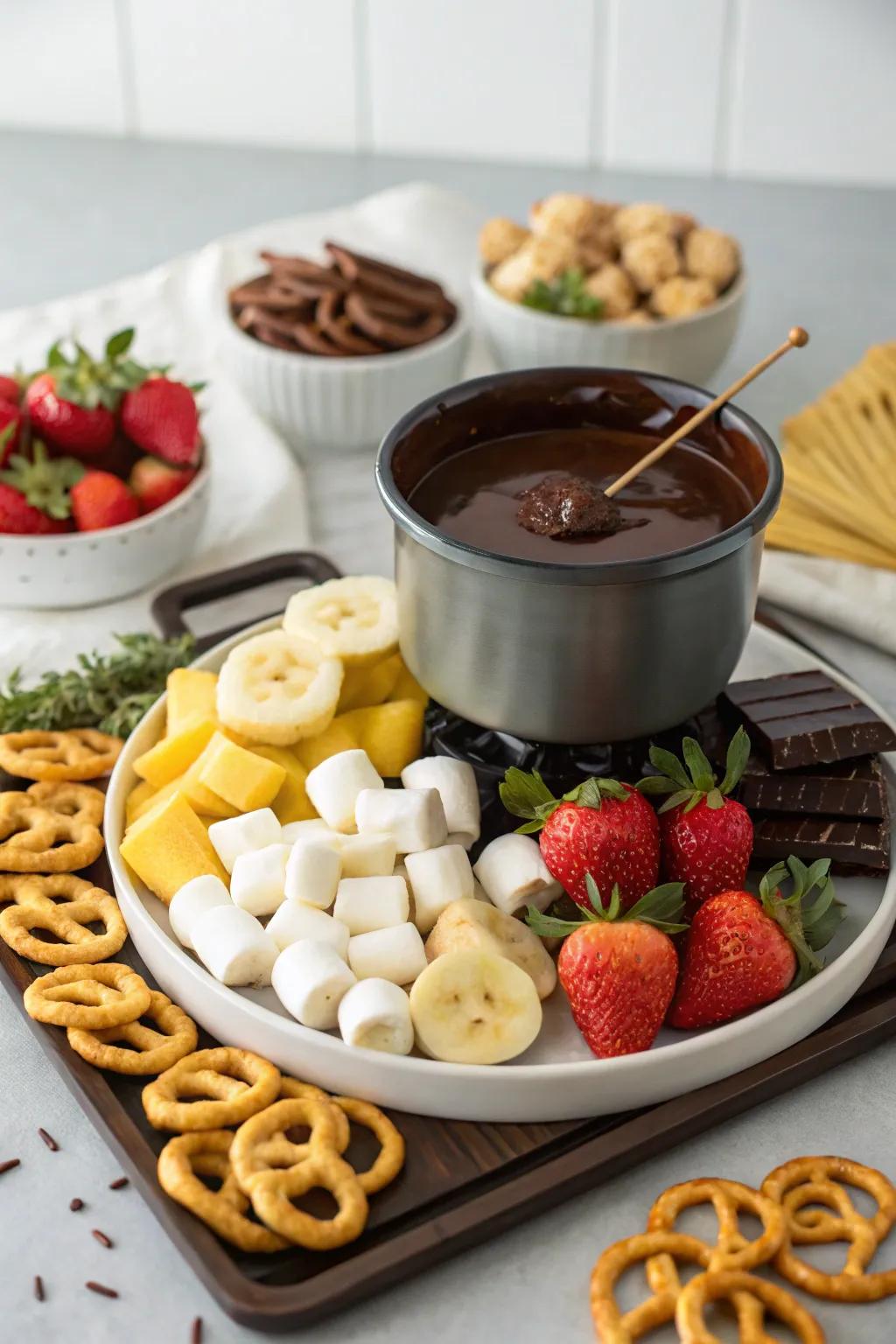 A chocolate fondue platter for sweet indulgence and fun.
