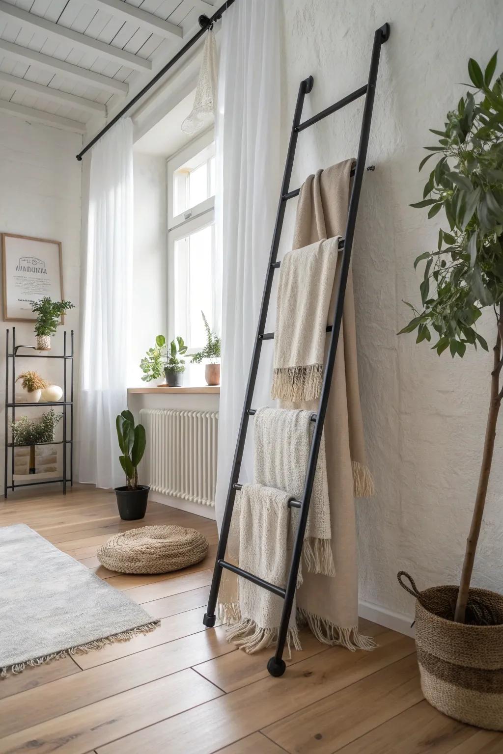 Embrace the industrial edge with this chic blanket ladder, blending warmth and modern design effortlessly.