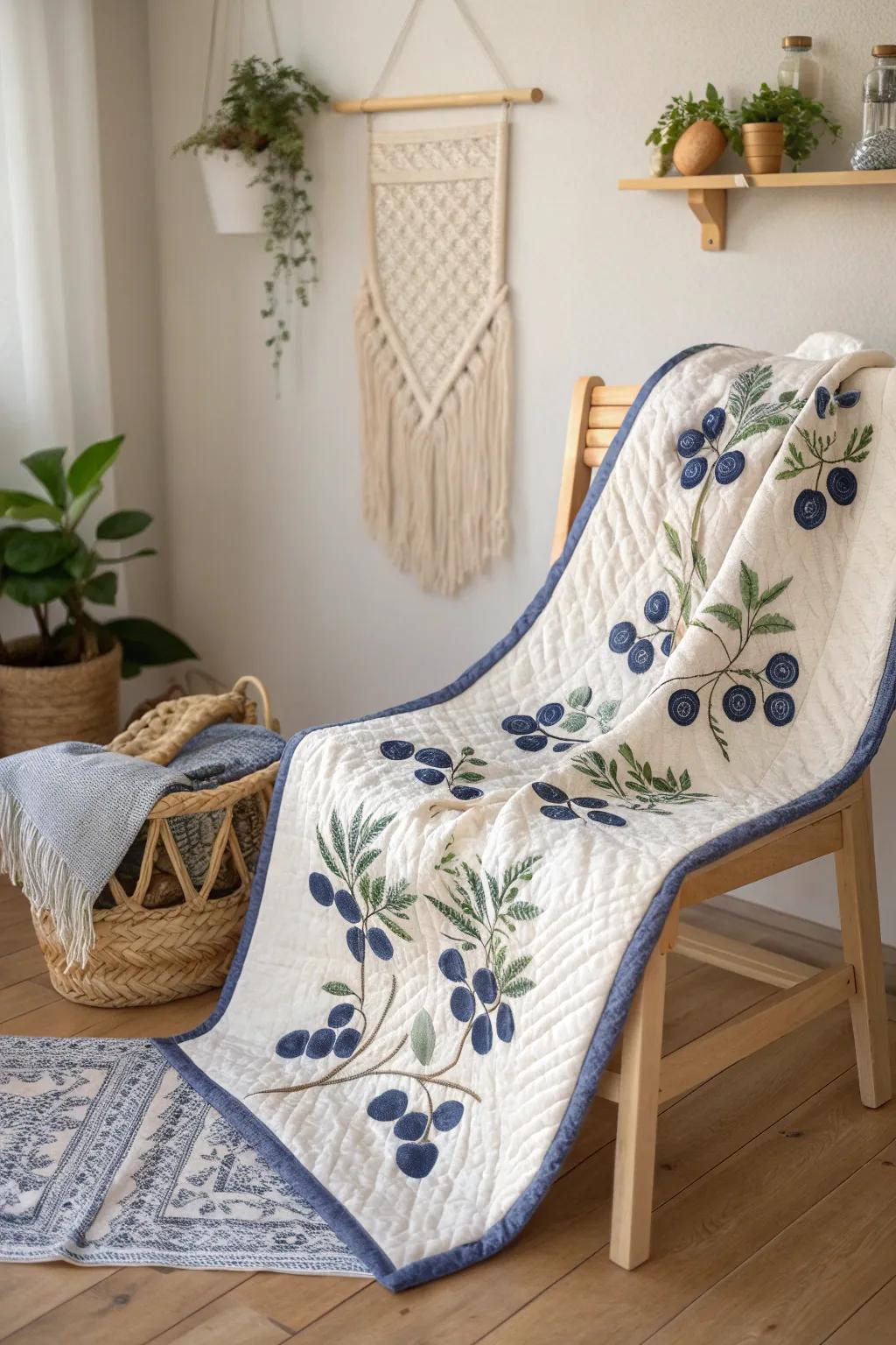Experience the charm of 'Blueberry Delight' with this stunning quilt design, perfect for adding a touch of elegance and natural beauty to your home.