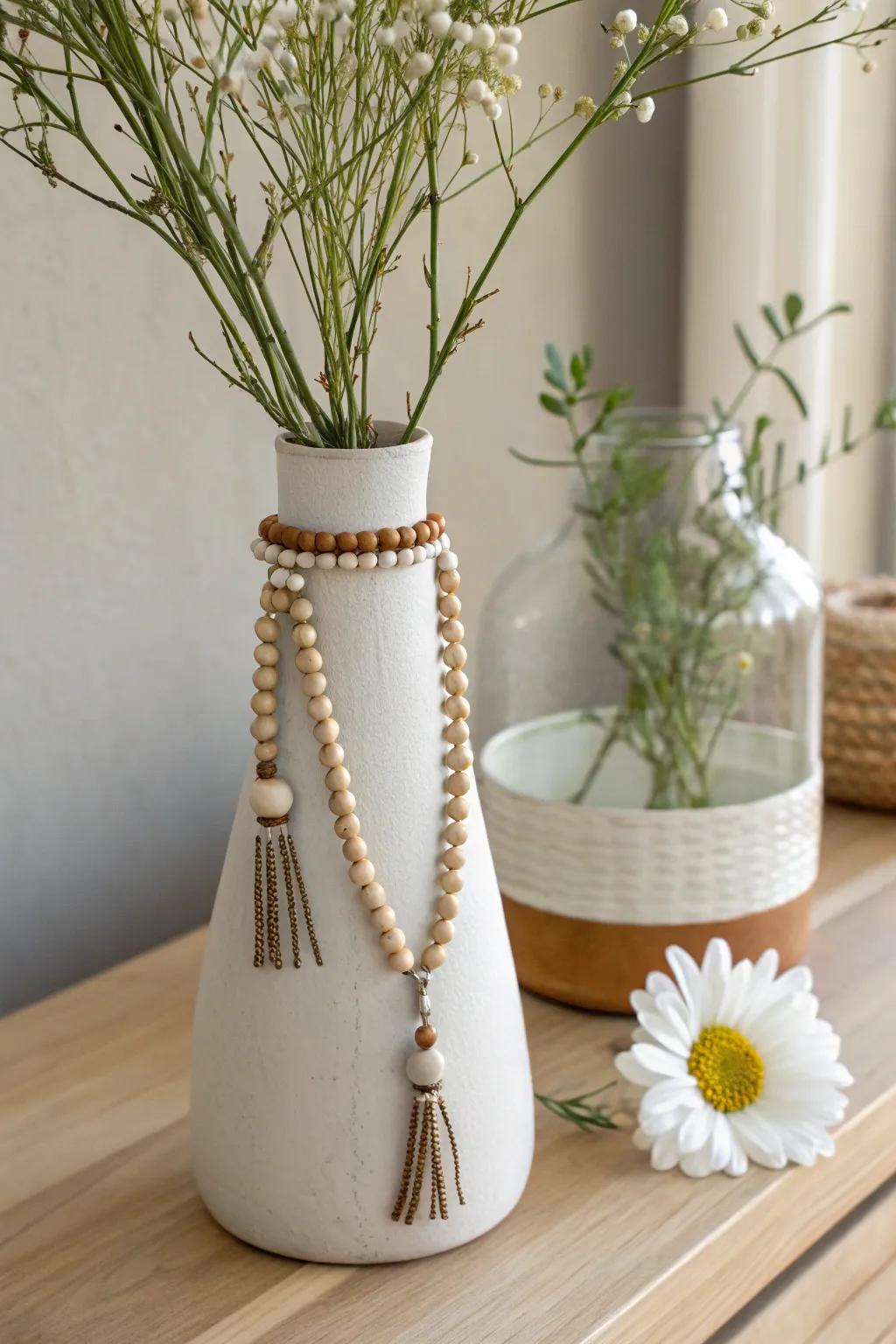 Elevate your space with this DIY leather and bead vase, where simplicity meets boho elegance.