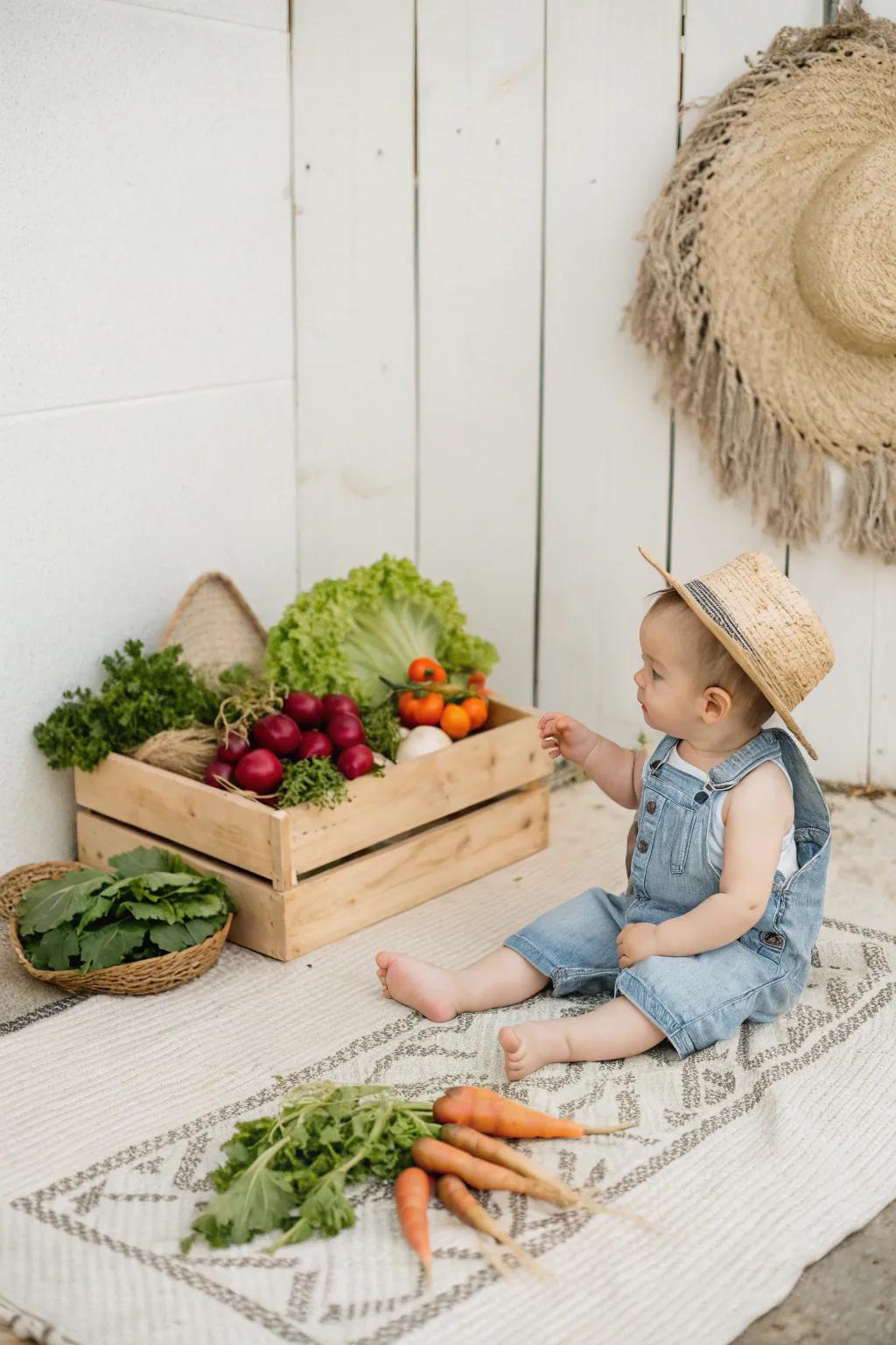 Little Farmer's First Harvest: A Heartwarming Photoshoot Idea for Your Home
