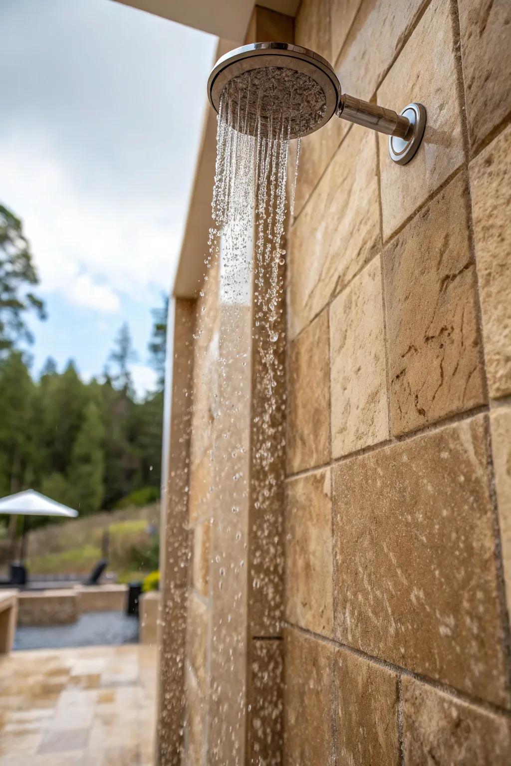 Travertine tiles offer timeless elegance to brown tile showers.