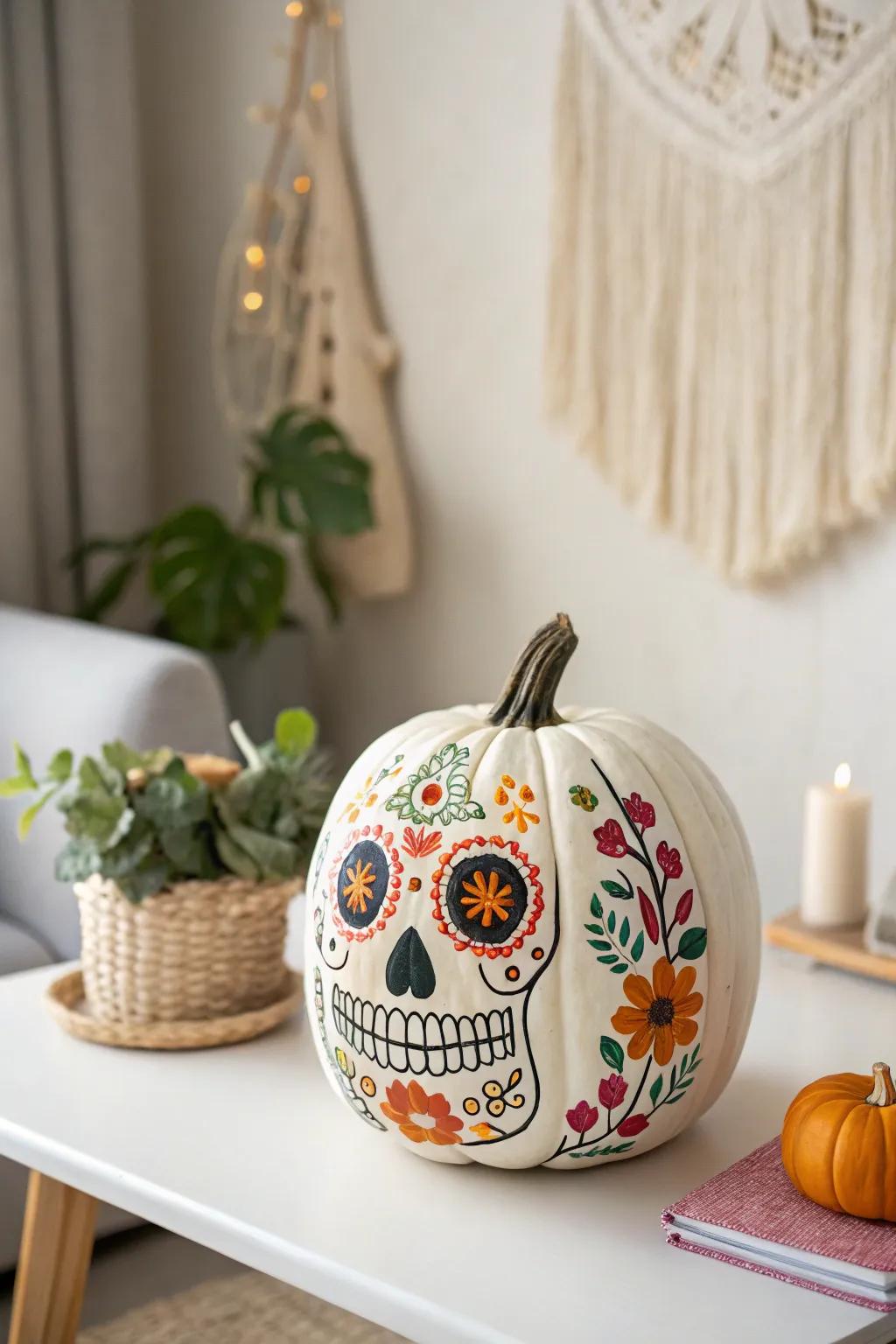 Embrace the vibrant spirit of the Day of the Dead with this beautifully painted pumpkin masterpiece!