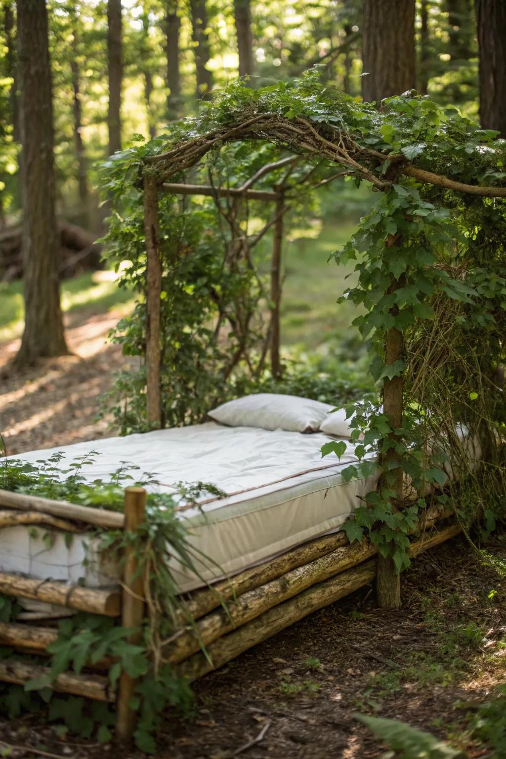 Experience the art of bushcraft with a handcrafted bough bed, where nature meets comfort.