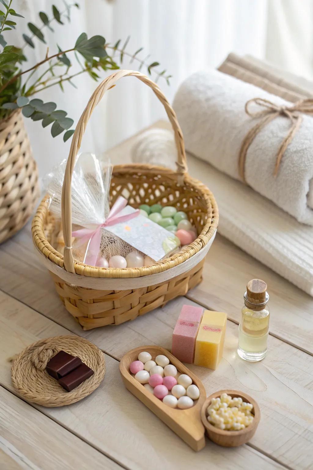 Indulge in the perfect blend of sweetness and serenity with our Spa Day & Candy Basket - a thoughtful gift for moments of self-care.