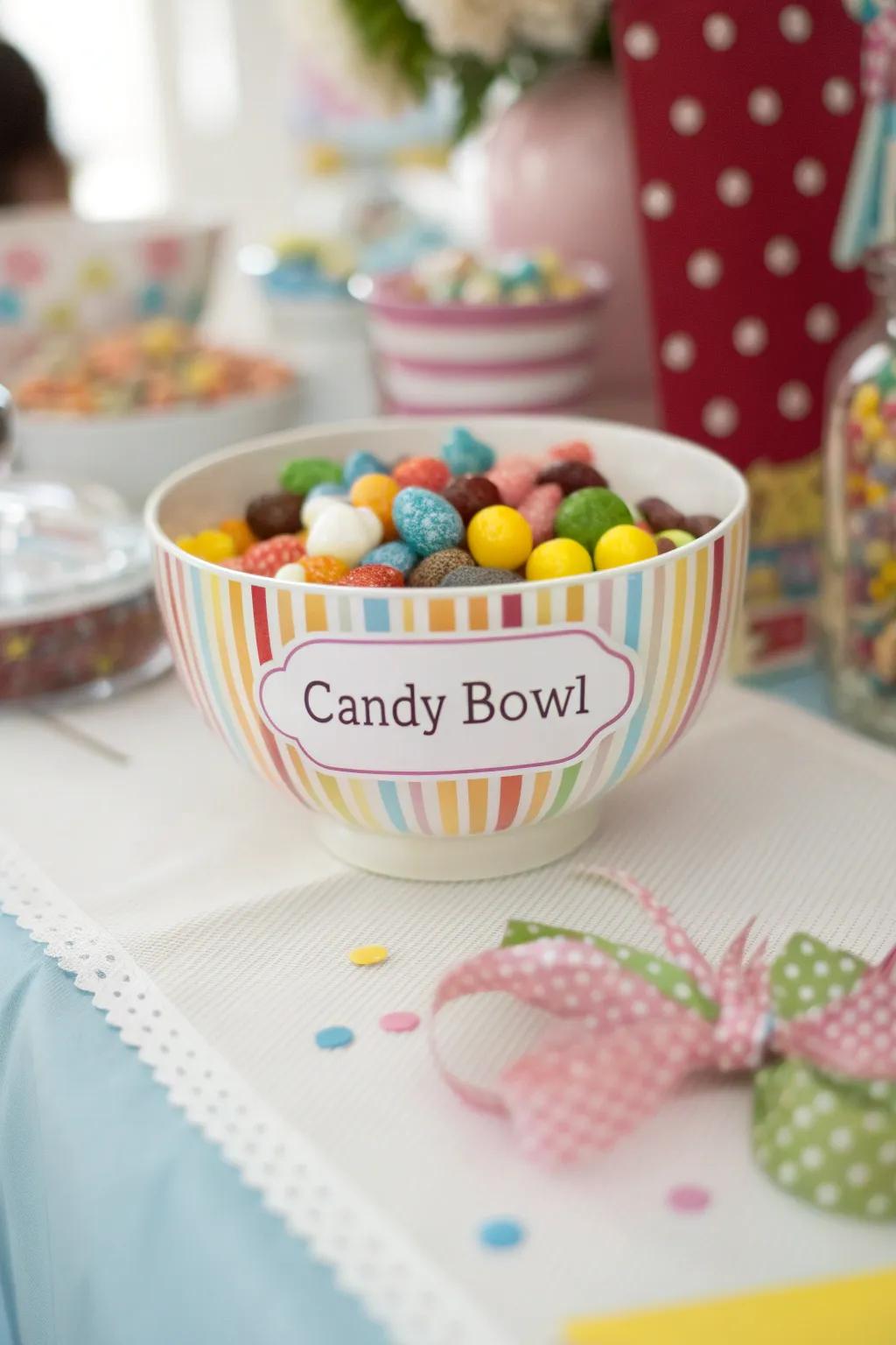 Personalized labels add a custom touch to your candy bowls.