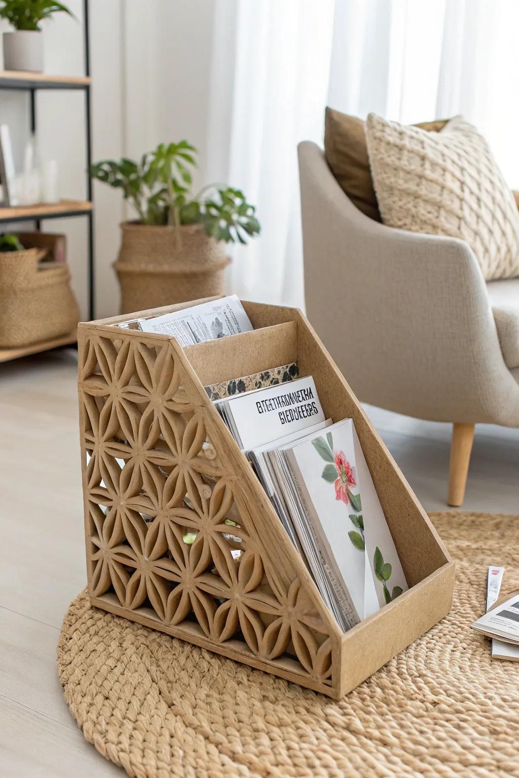 Elevate your living space with this chic cardboard magazine rack – where minimalist design meets boho elegance.