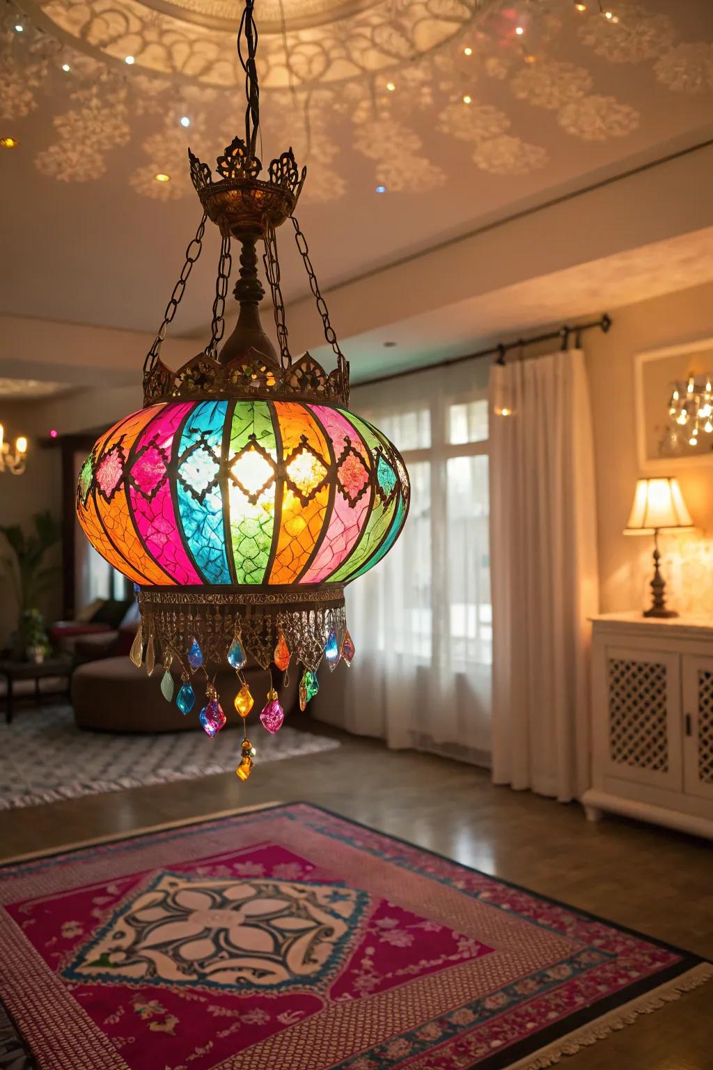A vibrant room with a colored glass chandelier adding a playful touch.