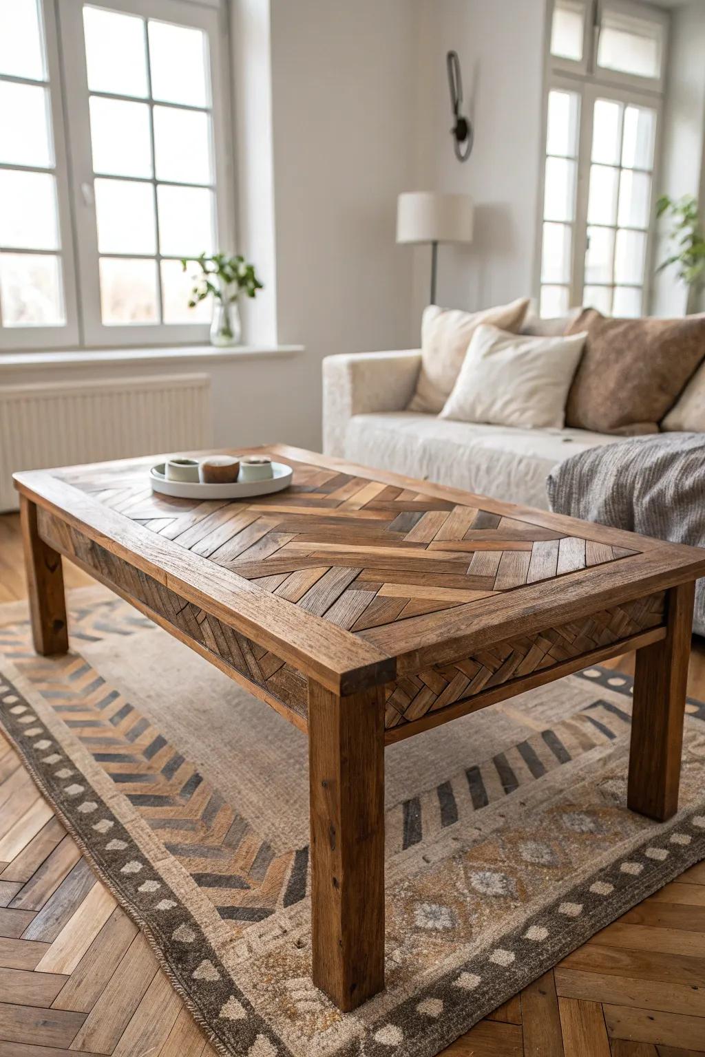 Transform your space with a DIY reclaimed wood herringbone table – a perfect blend of elegance and simplicity.