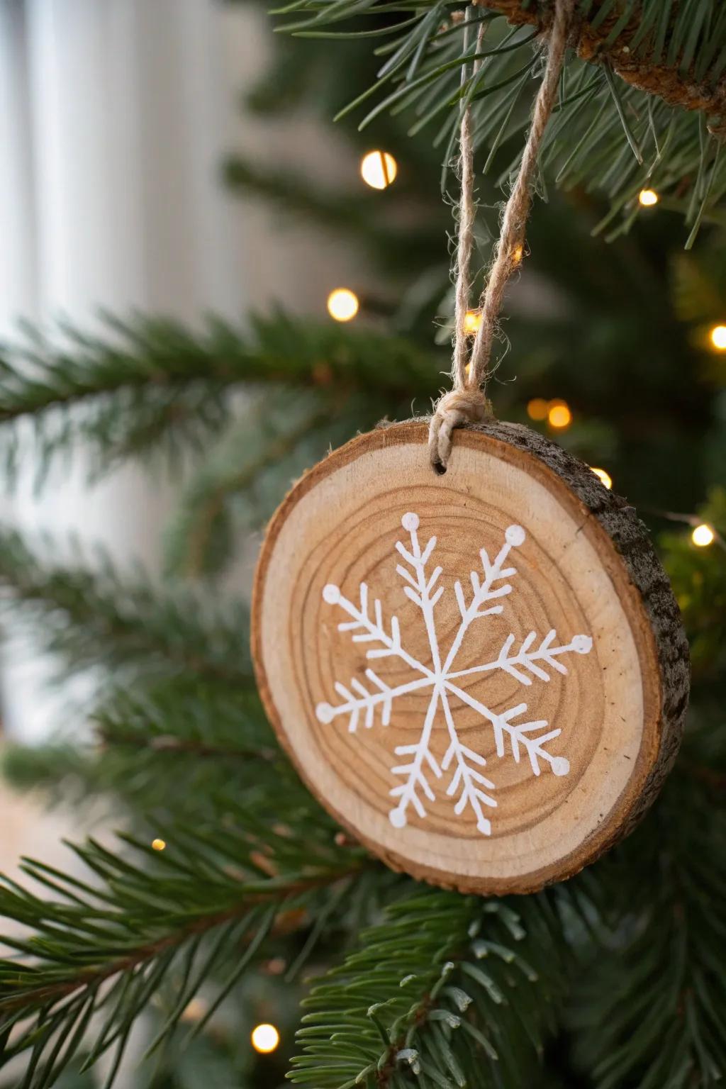 Add a touch of rustic elegance to your tree with handcrafted wood slice ornaments.
