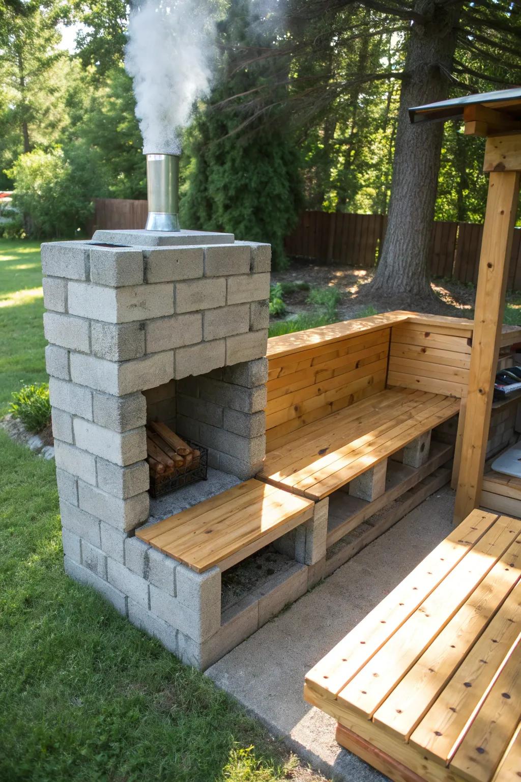 Experience the perfect blend of craftsmanship and comfort with this cinder block smoker and seating oasis.