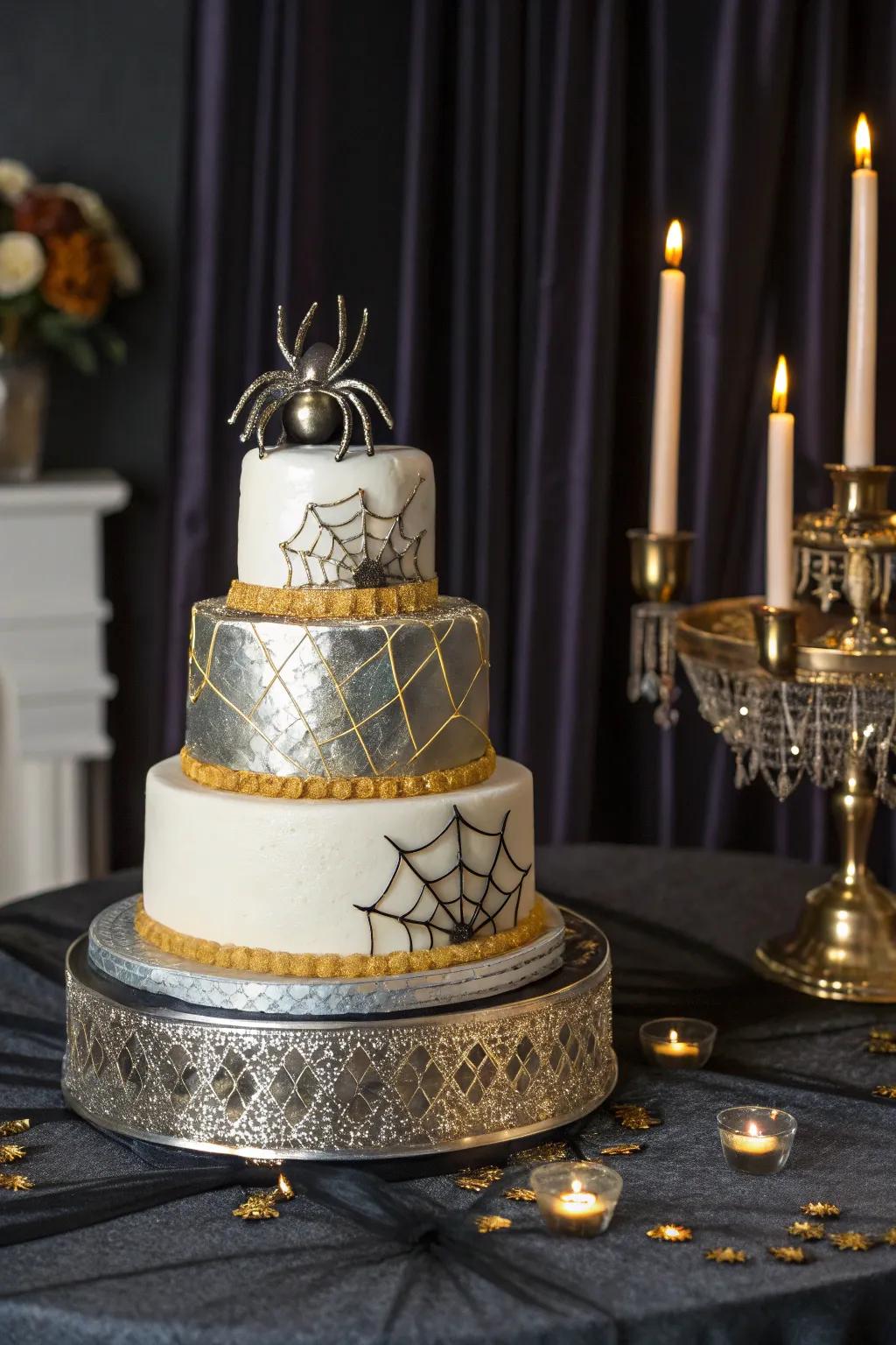 A cake with metallic accents and a spider topper adds a glamorous touch.