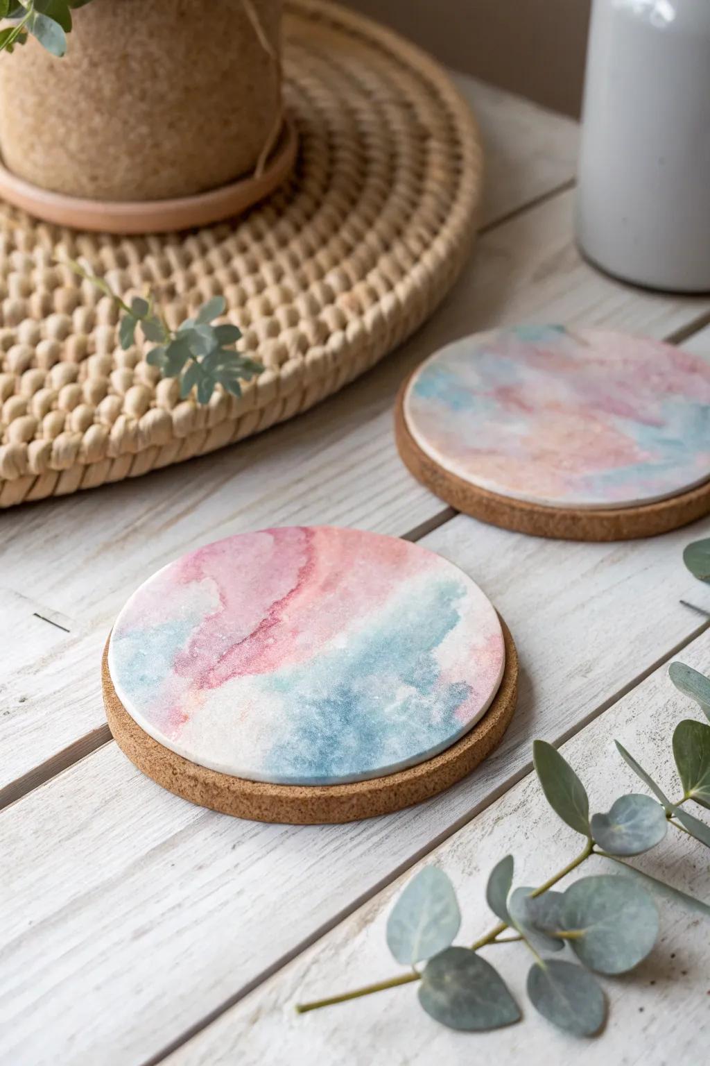Elevate your tabletop with the serene beauty of watercolor clay coasters.