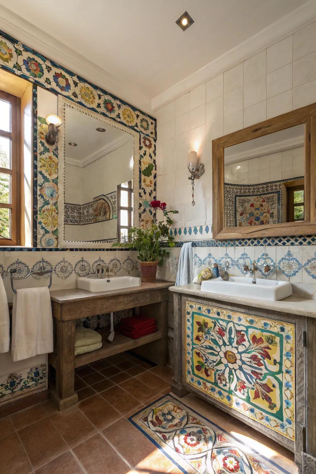 Hand-painted tiles add a personal artistic touch.