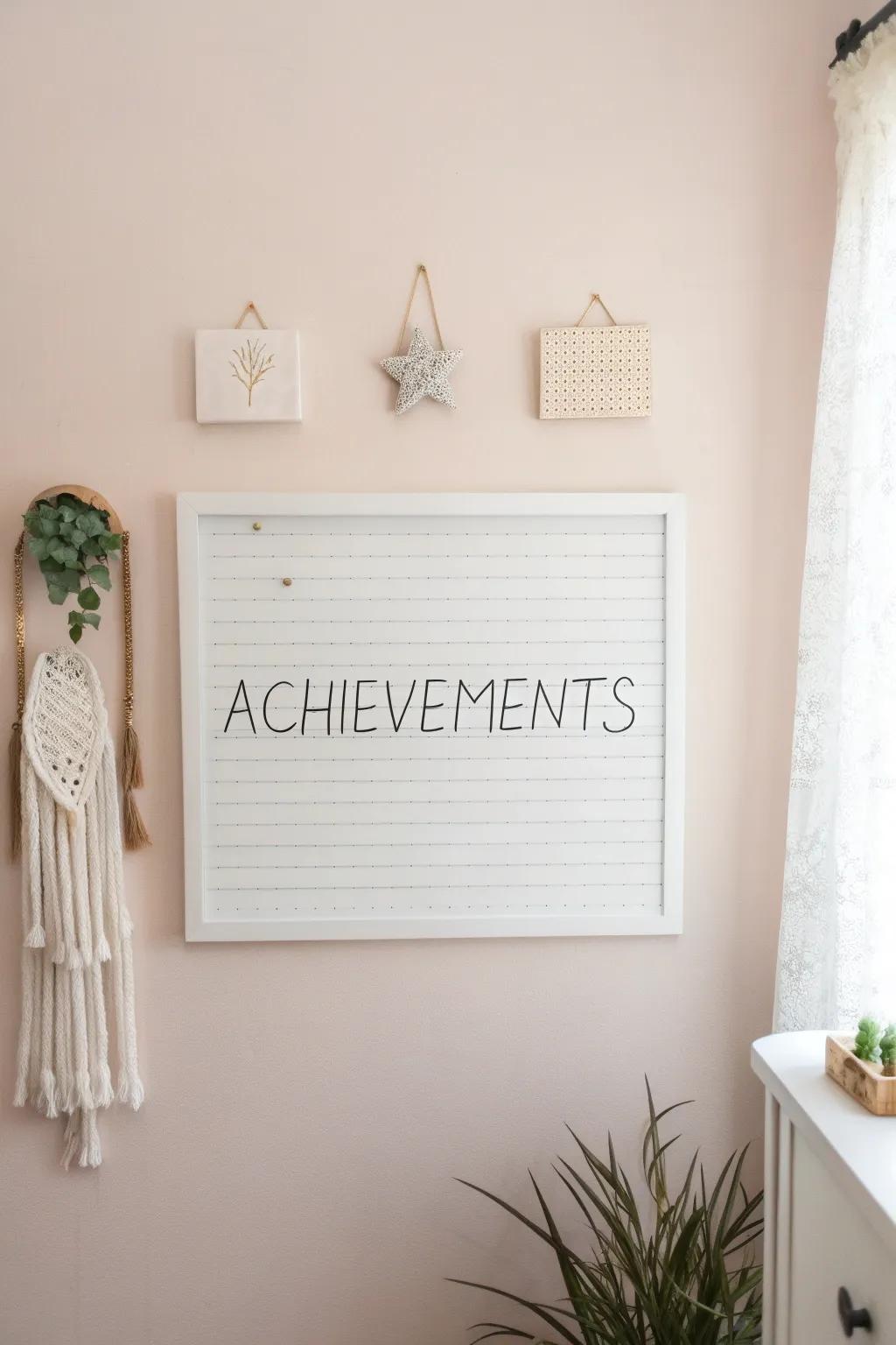 Celebrate your journey with a Wall of Achievements: a minimalist and elegant reminder of how far you've come.
