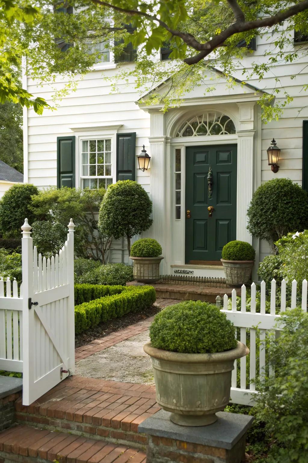 Potted plants provide a lush and inviting welcome to colonial homes.
