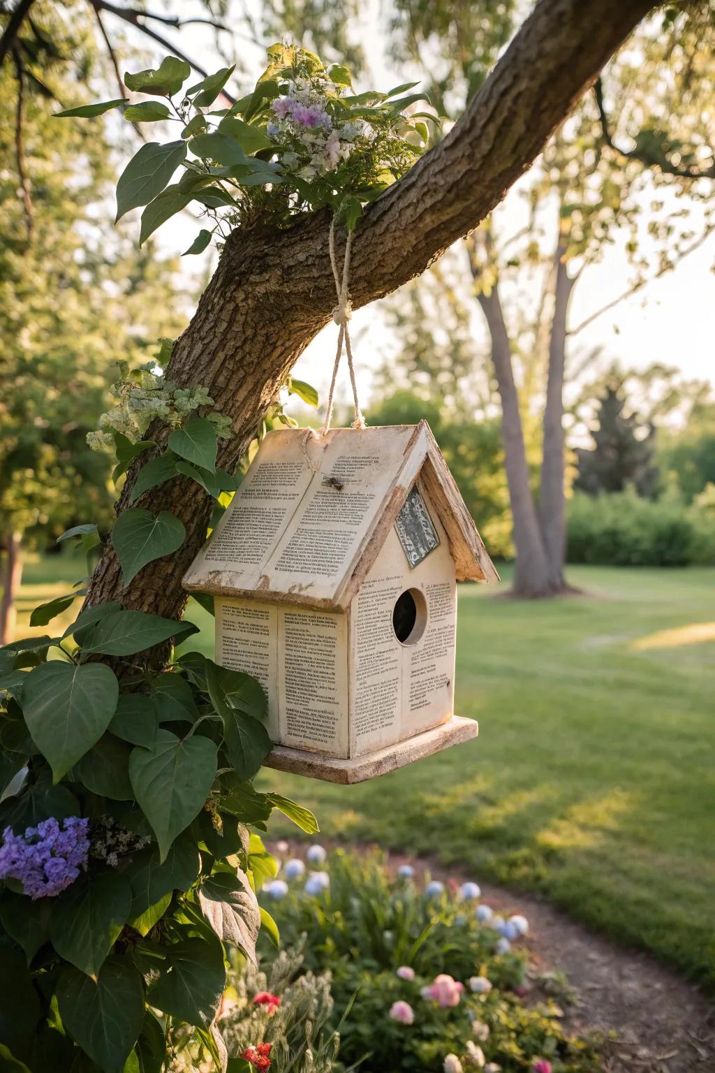 Whimsical birdhouse made with book pages