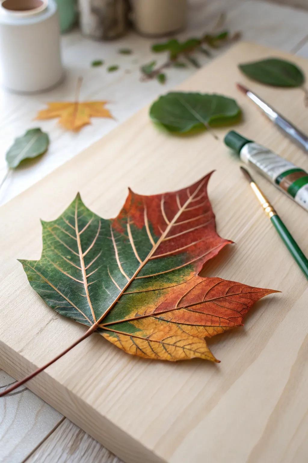 Nature's canvas: A vibrant painted leaf celebrating simplicity and creativity.